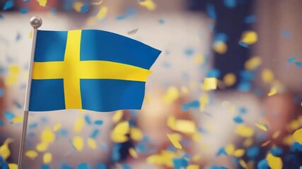 Sweden flag waving with falling confetti. Celebration of independence day and national holiday. Blue and yellow banner on pole.