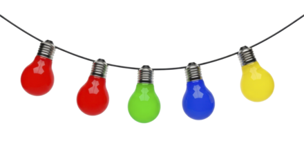 Five vibrant red green blue and yellow light bulbs hanging on a black wire string on a transparent background PNG image