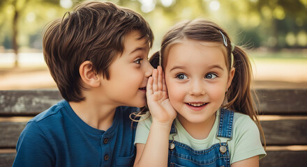 A young boy whispering into the ear of a smiling girl sitting on a bench outdoors in a park setting
