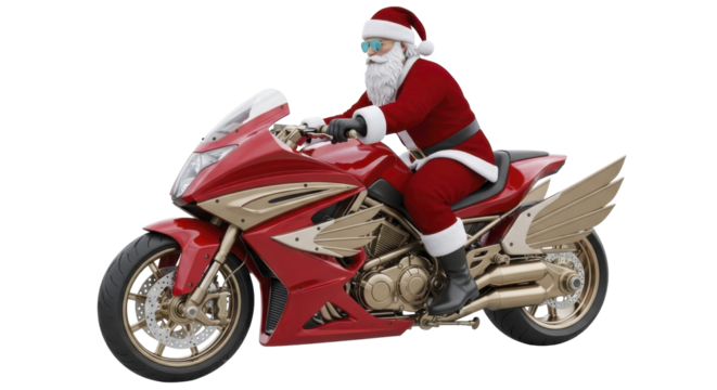 Santa Claus riding a red and gold sporty motorcycle, on a transparent background PNG file