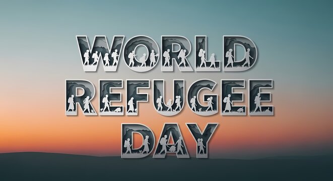 World refugee day celebration with silhouettes against a colorful sky background