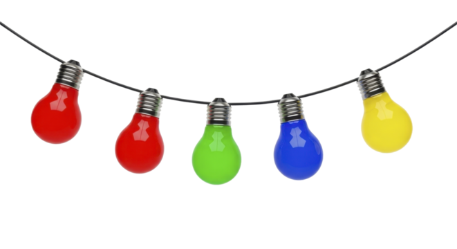 Five vibrant red green blue and yellow light bulbs hanging on a black wire string on a transparent background PNG image