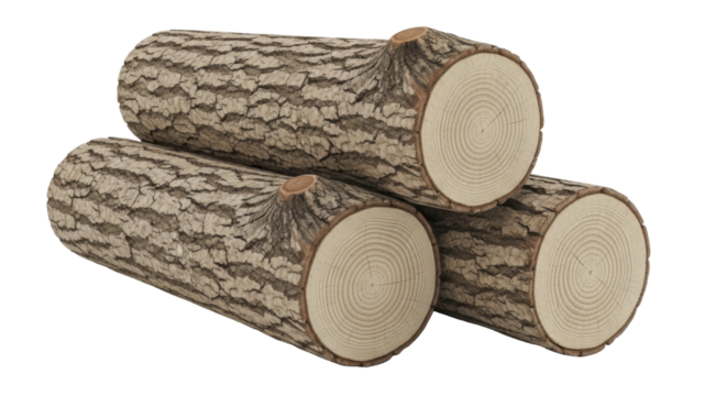  Three natural wood logs stacked with visible bark and tree rings on a transparent background PNG image