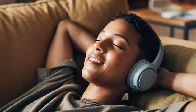 Smiling young African American woman relaxing on a sofa, listening to music with eyes closed, wearing over-ear headphones.