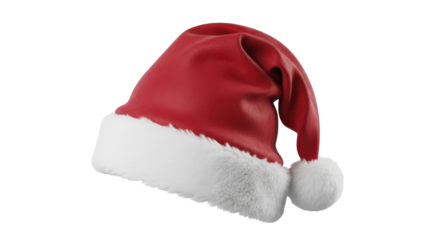 Red Santa hat with white fluffy trim and pompom on a transparent background PNG image