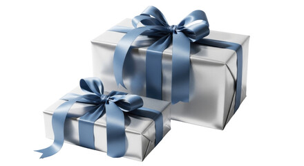 Two metallic silver gift boxes tied with blue satin ribbons and bows, on a transparent background, PNG image, PNG file