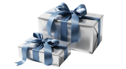 Two metallic silver gift boxes tied with blue satin ribbons and bows, on a transparent background, PNG image, PNG file