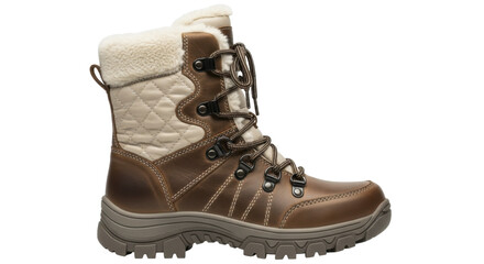 Brown and beige insulated outdoor winter boot with faux fur lining and laces on a transparent background PNG image