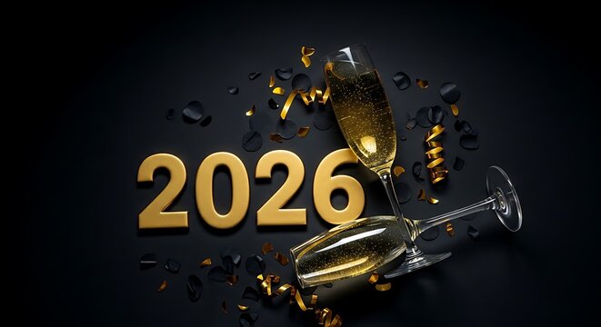 Celebrating 2026 with Champagne and Confetti on Black