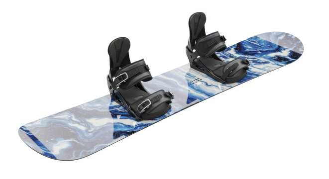  Modern snowboard with bindings featuring a marbled blue and white graphic on a transparent background, PNG image