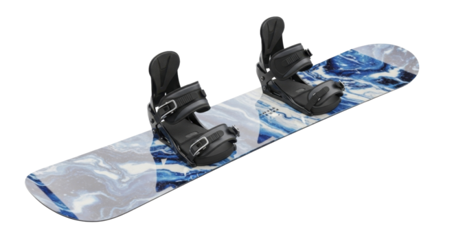  Modern snowboard with bindings featuring a marbled blue and white graphic on a transparent background, PNG image