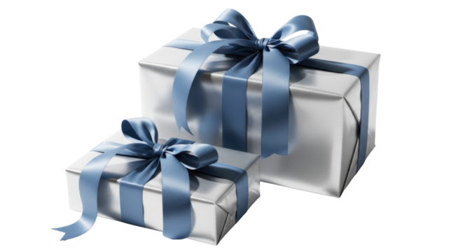 Two metallic silver gift boxes tied with blue satin ribbons and bows, on a transparent background, PNG image, PNG file - Powered by Adobe