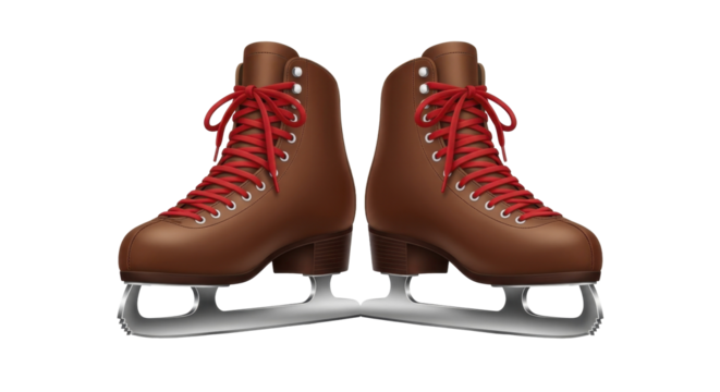 Pair of brown figure ice skates with red laces and metal blades on a transparent background, PNG image, PNG file