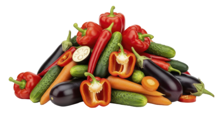 Fresh vegetable assortment pile including bell peppers, eggplants, cucumbers, carrots, and chili peppers on a transparent background, PNG image, PNG file