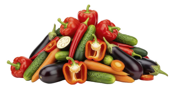 Fresh vegetable assortment pile including bell peppers, eggplants, cucumbers, carrots, and chili peppers on a transparent background, PNG image, PNG file
