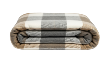 Folded plaid blanket in brown, gray, white, on a transparent background, PNG image, PNG file