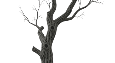 Gnarled bare tree trunk with rough textured bark and leafless branches, on a transparent background, a PNG image, a PNG file