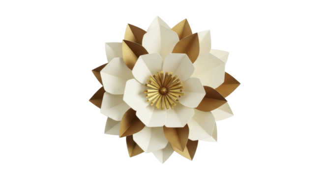  A crafted white and gold paper flower decoration with layered petals on a transparent background, PNG image, PNG file
