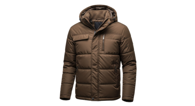  Brown men's puffer jacket with sherpa-lined hood on a transparent background PNG image PNG file for winter outerwear
