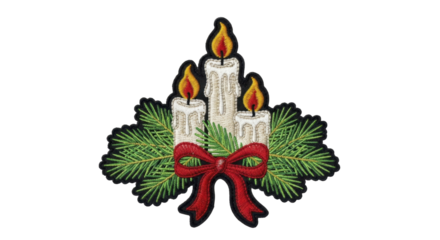 Embroidered Christmas Advent candles with pine needles and red bow on a transparent background PNG image