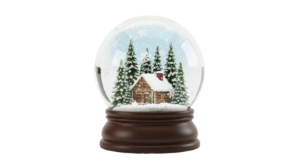 Classic winter snow globe with log cabin and evergreen trees, falling snow, on a transparent background, PNG image.