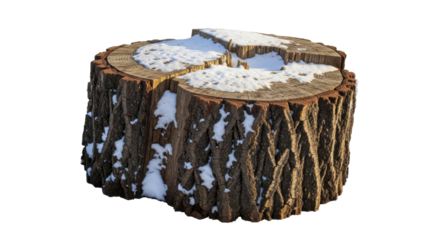 Snow covered winter tree stump on a transparent background PNG file cut wood isolated