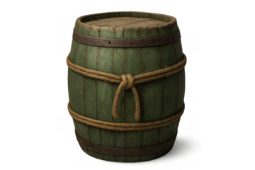 Old wooden barrel painted green with an aged texture, reinforced by metal bands and rustic rope, on a transparent background