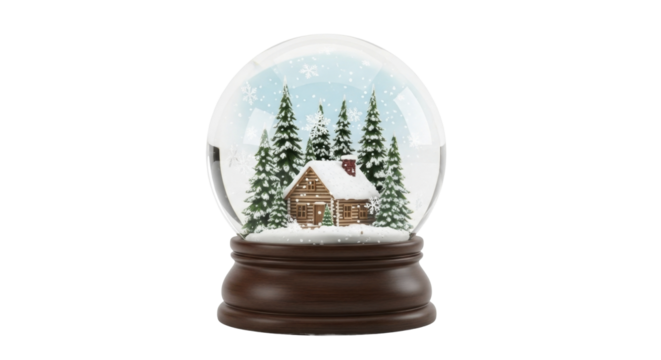  Classic winter snow globe with log cabin and evergreen trees, falling snow, on a transparent background, PNG image.