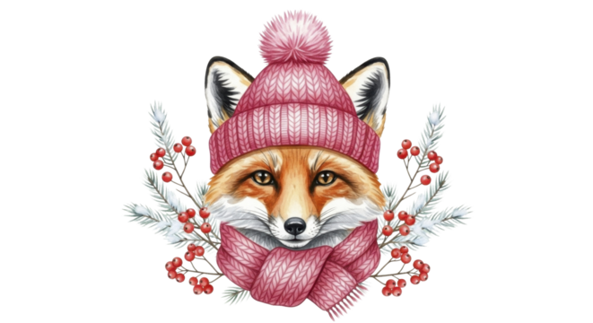  Cozy watercolor fox head in knitted hat and scarf with winter berries and frosted pine on a transparent background PNG file