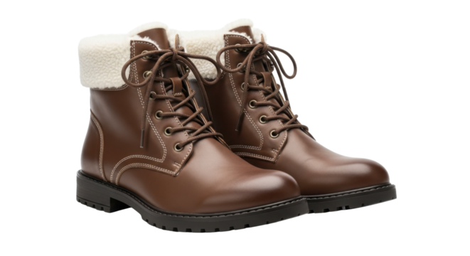 Pair of warm brown leather lace-up winter boots with white sherpa lining on a transparent background PNG image