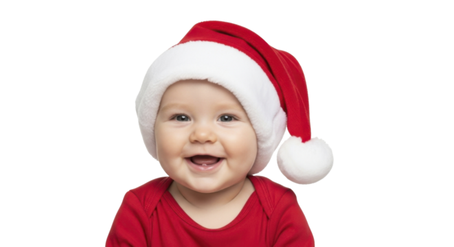  Happy adorable infant baby wearing red Santa hat smiling on a transparent background PNG image