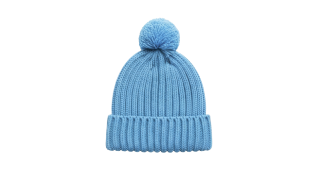  Warm sky blue ribbed knit beanie hat with pompom top on a transparent background, PNG image
