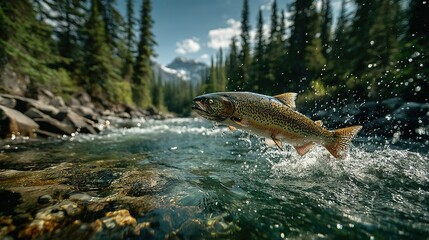 Obraz premium Wild Salmon Leaping from Clear River with Sunlight and Splashing Water