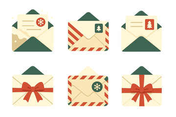 Christmas cards flat icon set. featuring letter, envelope, gift, holiday, and postage symbols