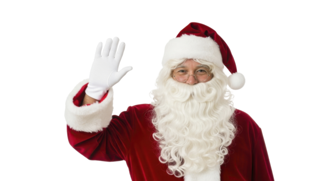 Santa Claus waving hand and smiling cheerfully, ready for holidays on a transparent background, PNG image, PNG file