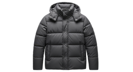Padded dark gray hooded puffer jacket outerwear on a transparent background PNG file