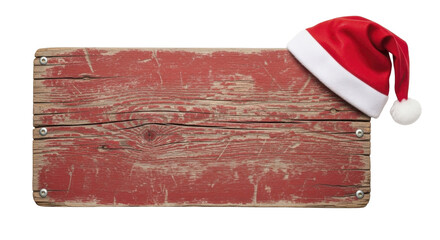 Weathered red wooden sign with Santa hat on corner, holiday message board on a transparent background, PNG image, PNG file