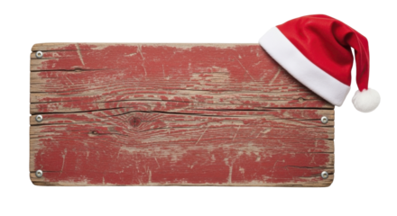 Weathered red wooden sign with Santa hat on corner, holiday message board on a transparent background, PNG image, PNG file