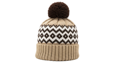 Knitted winter pom pom beanie with brown and white diamond pattern on a transparent background PNG image PNG file