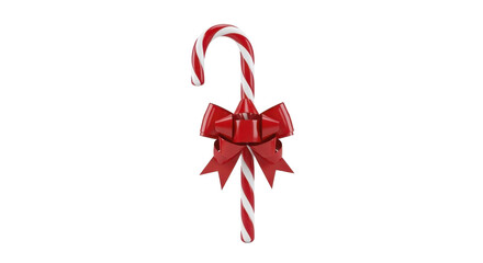 Red and white striped candy cane with glossy red bow on a transparent background, PNG image, PNG file