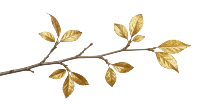 Decorative golden tree branch with lustrous metallic leaves on a transparent background, PNG image, PNG file