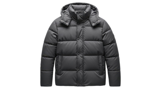 Padded dark gray hooded puffer jacket outerwear on a transparent background PNG file