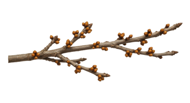  Bare tree branch with small brown winter buds on a transparent background, PNG file for seasonal projects