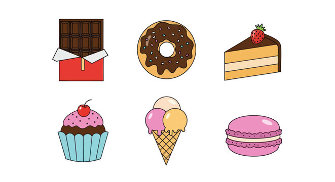 Assortment of sweet desserts chocolate donut cake cupcake ice cream macaron