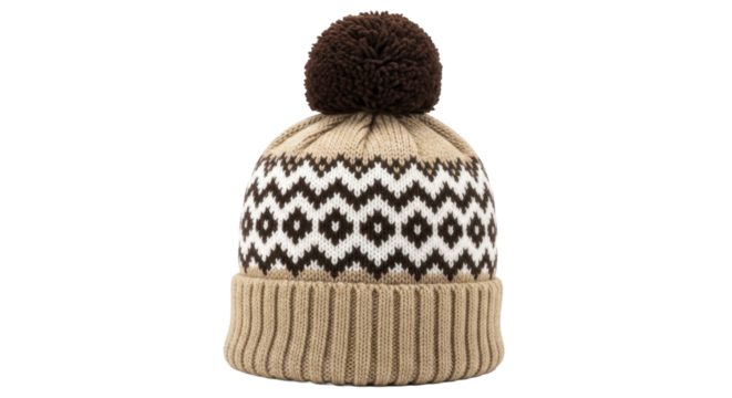 Knitted winter pom pom beanie with brown and white diamond pattern on a transparent background PNG image PNG file