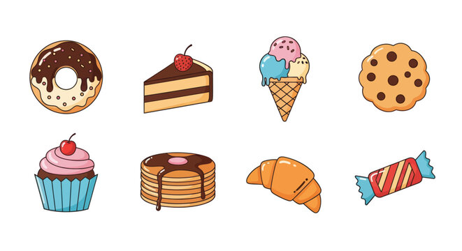 Assortment of sweet treats donut cake ice cream cookie cupcake and more