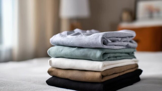 A pile of freshly laundered, folded clothing in neutral tones sits on a bed, highlighting cleanliness and order. The serene bedroom background evokes calm and contemporary home aesthetics
