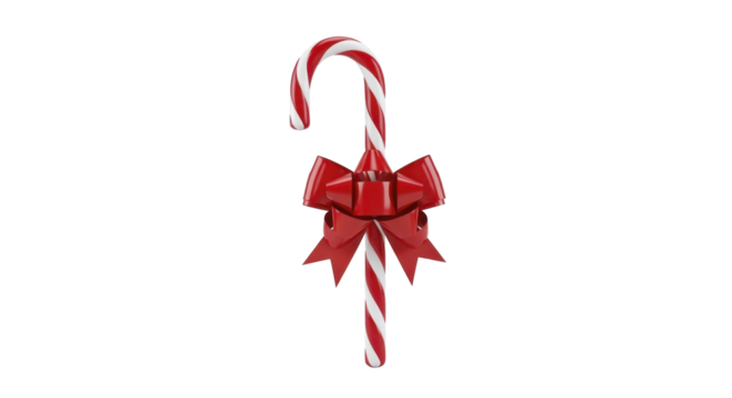 Red and white striped candy cane with glossy red bow on a transparent background, PNG image, PNG file