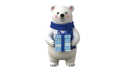 Cute Polar Bear Character Wearing Blue Scarf Holding Gift Box with Stars on a Transparent Background PNG File