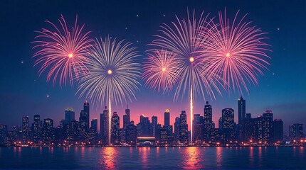Celebrate with vivid fireworks over a stunning cityscape skyline at night, perfect for holiday promotions, festive events, and patriotic celebrations!